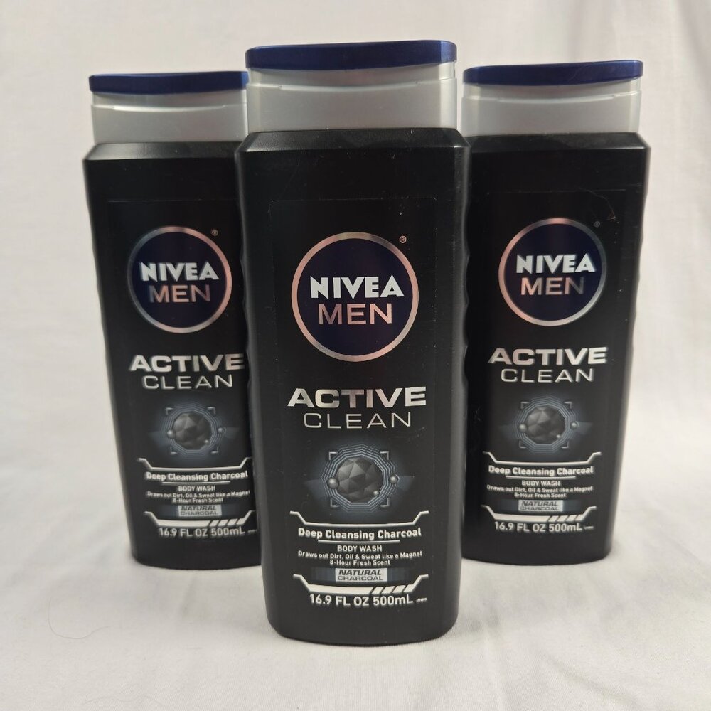 Lot of 3 Nivea Men Active Clean Body‎ Wash Deep Cleansing Charcoal 16.9 Fl Oz